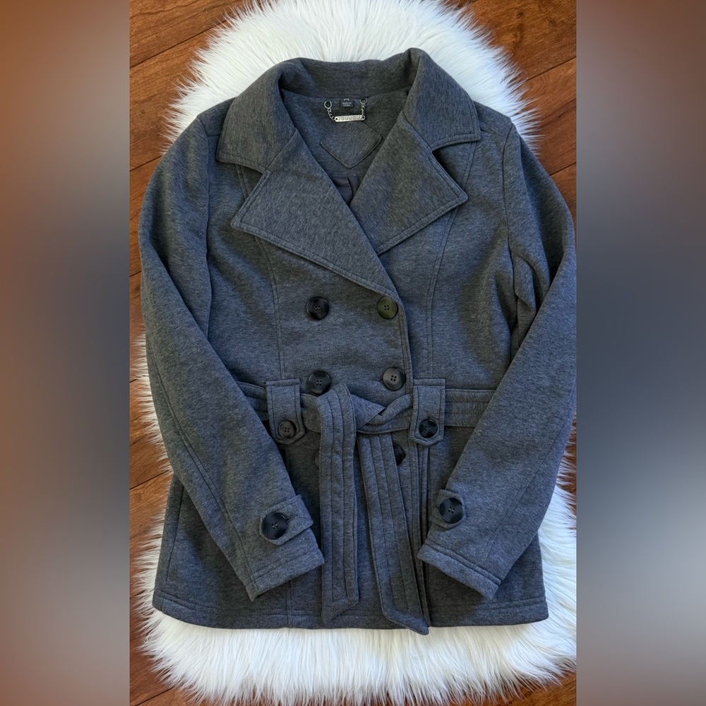 Jou Jou Charcoal Gray Double-Breasted Belted Pea Coat Jacket-Size M